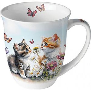 Ambiente-beker-mok-porselein-katten-poezen-kittens-kittens in flower field-kattenliefhebber-poezenliefhebber