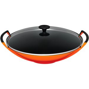 Le Creuset Gietijzeren wok in Oranjerood met glazen deksel 36cm 4,5l