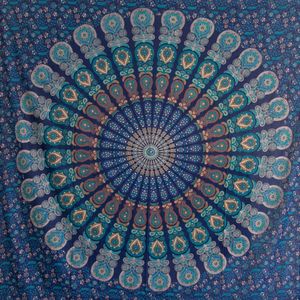 Mandala Wandtapijt - Multifunctioneel, Kleurrijk, 100% Katoen - Ideaal als esthetisch wandtapijt, Boho wandkleed, Indiase stoffen wandhanger of wandtapijt - Blauw, 210x230 cm