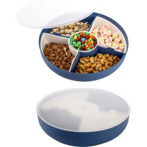 Set van 2 plastic snoep- en notenserveercontainers met deksel, 29 cm verdeeld in 5 compartimenten Snackkommen Dienblad Aperitiefbakje voor voedselopslag