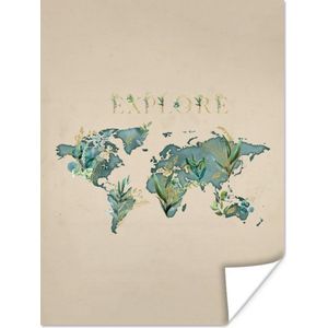 Wanddecoratie - Wereldkaart - Turquoise - Planten - 90x120 cm - Poster