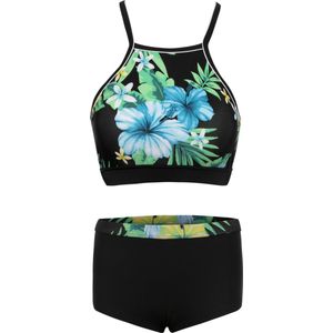 Bikini hipster broekje en cro top met racerback - Tropical flower black 140-146
