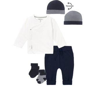 Noppies kledingset - 5delig - Broek Naupli donkerblauw - Shirt Little wit - Muts en 2 paar sokjes - Maat 62