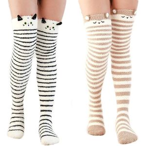 Twee paar overknee sokken met fleece voering voor dames, warme en dikke wintersokken, lange, zachte en schattige sokken van pluche dieren.
