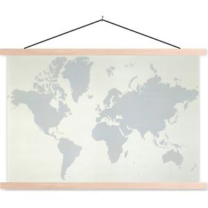 Posterhanger incl. Poster 150x100 cm - Schoolplaat - Wereldkaart - Topografie - Grijs - Textielposter - Blanke latten