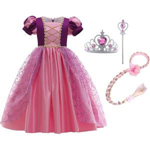 Het Betere Merk - Prinsessenjurk meisje - Roze / Paarse jurk - maat 134/14 (140) - Verkleedkleding meisje - Kroon - Tiara - Carnavalskleding Kind - Kleed - Haarband met vlecht - Magische toverstaf