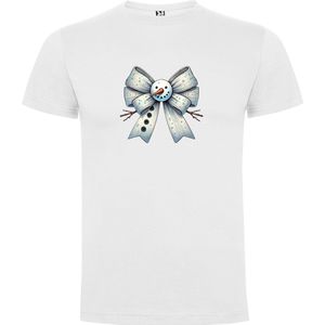Wit T-Shirt met “Sneeuwpop - Strik - Kerst - Winter“ Print Full Color maat 104 / 3/4 jaar