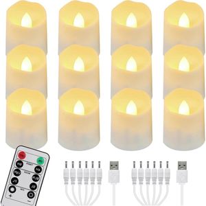 Oplaadbare led-theelichtjes met timer en afstandsbediening - 12 stuks voor Kerstmis Halloween party家族 - warmwit dimbaar flikkerend decoratielicht met USB-kabels