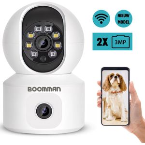 BOOMMAN® Beveiligingscamera - Huisdiercamera met App- WiFi - 3 MegaPixel - Dubbele Camera - Beweeg en geluidsdetectie - Petcam met app - Indoor camera - Hondencamera