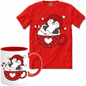 Hot choco pinguin kerst buddy - T-Shirt met mok - Meisjes - Rood - Maat 12 jaar