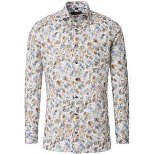 CASA MODA - Modern Fit - Overhemd - Wit met Bruin en Blauw Dessin - Strijkvriendelijk