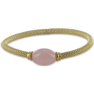 Silventi 9SIL-22645 Zilveren Armband - Dames - Popcorn - Rekbaar - 3,7 mm Dikte - Rozenkwarts - 10 x 14 mm - Roze - 18 cm - Zilver - Gold Plated (Verguld/Goud op Zilver)