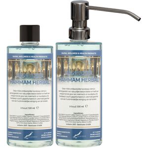 Handzeep Hammam Herbal 500 ml - set van 2 stuks - met gratis RVS zilverkleurige pomp - Voordeelverpakking