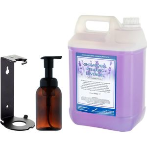 Zeepdispenser 300 ml amber bruin hervulbaar + 5 liter Showergel Relaxing Lavendel navulling (inclusief beugel)