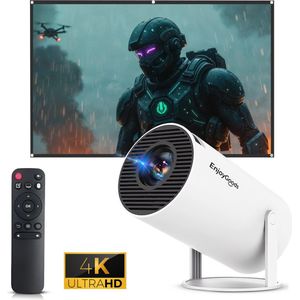 EnjoyGoods® Mini Beamer 2025 – Black Friday – Inclusief Projectiescherm – Draagbare Projector met 4K Support – Smart Projector– Android 14 – Compatibel met iPhone & Android – WiFi 6 & Bluetooth 5.4 – Thuisbioscoop voor Film & Gaming – Wit