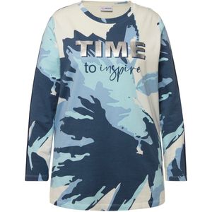 MIAMODA MIAMODA - Dames - Sweatshirt XL-bloemen zilverkleurig statement lange mouwen - Azuurblauw - Maat 46