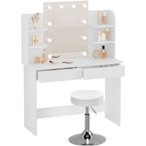 CozyLiving Moderne Witte Make-up tafel met Hollywood Spiegel en Krukje - Kaptafel met Spiegel, 2 Laden en Aanpasbare Planken - Stijlvolle Opslag voor Make-up