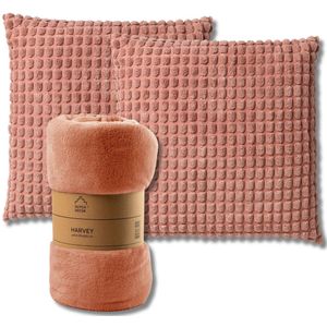 Dutch Decor - VOORDEELSET - 3-delig - Rome & Harvey - 2 sierkussens 45x45 cm - 1 plaid 150x200 cm - roze - Met Ritssluiting – Decoratie Kussens - Comfortabele kussentjes voor op de Bank