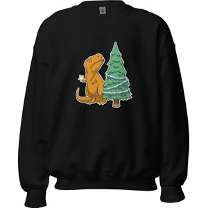 Sweater Sweatshirt | Dinosaurus Kerstboom | Grappig | Kersttrui | Dino | Kerst - Maat M - Trui - Kleding - Crewneck - Zwart - Unisex - Katoen - Polyester - Lange mouw