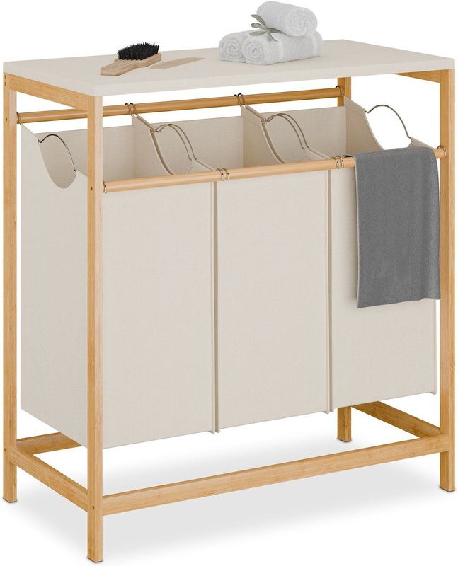 Wasmand - 3 Vakken - Natuur - Bamboe en Katoen - Capaciteit per Waszak 40 Liter