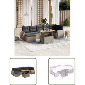 The Living Store 8-delige Loungeset met kussens poly rattan grijs - Loungeset - Set Buitenmeubels - Loungehoek - Tuinstoel - Buitentafel