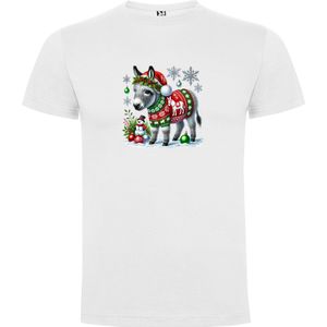 Wit T-Shirt met “Ezel in Kerstsfeer - Kerst“ Print Full Color Maat S