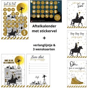 Sinterklaas aftelkalender met stickervel + verlanglijstje + drie wenskaarten - sinterklaas - aftelkalender - verlanglijstje - schoentje zetten - sinterklaas kalender