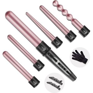 MKSS® Wafeltang Voor Dik en Dun Haar - Krultang 6 in 1 – Wave Tang Voor krullen – Krultang 5 in 1 met Handschoenen – Met Haarspelden - Rose