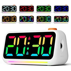 Digitale wekker met heldere en mooie weergave, 8 dynamische kleurcijfers, 7 RGB-nachtlichtmodi, 5 instelbare volumeniveaus, instelbare dimmer, 2 kinderalarmen en