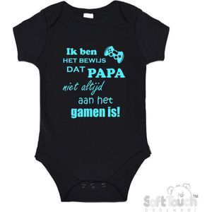 100% katoenen Romper "Ik ben het bewijs dat PAPA niet altijd aan het gamen is!" Unisex Katoen Zwart/aquablauw Maat 56/62