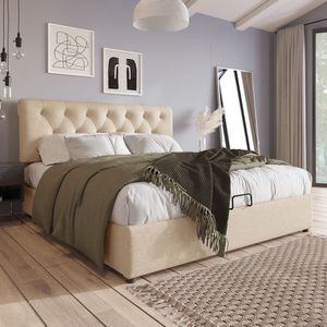 Sweiko Tweepersoonsbed - 140x200 cm - Verstelbaar hoofdeinde - Lattenbodem - Opbergruimte - Zonder matras - Natuurlijk