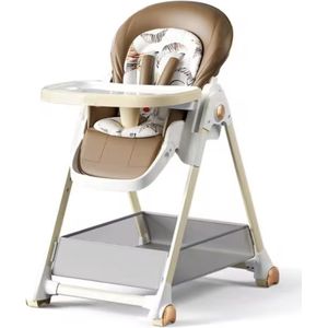 J&R Kinderstoel - Babystoel - Baby stoel - Baby eetstoel - babystoel voor aan tafel - Met wieltjes - Kantelbaar - Opvouwbaar - PU Leer - Bruin