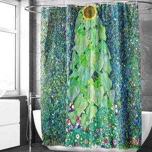 180 x 180 cm douchegordijn met bloemenkunst design, waterdicht, wasbaar, polyester, badgordijn, douchegordijn met 12 haken, voor toiletruimte, groen (Gustav Klimt - zonnebloem)