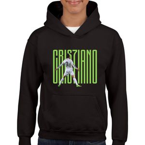 Ronaldo - Kinder Hoodie - Zwart - Maat 110/116 - Hoodie leeftijd 5 tot 6 jaar - Voetbal shirt - Cadeau - Hoodie- CR7 - voetbal - verjaardag - Unisex Kids hoodie - Groene tekst