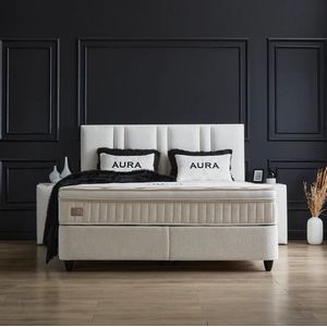 Boxspring bed met opbergruimtex200 cm - Grijs - Opbergbed Aura Inclusief matras en topper