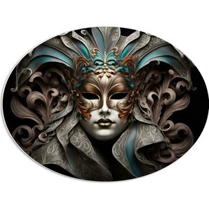 PVC Schuimplaat Ovaal - Wit Venetiaanse carnavals Masker met Blauwe en Gouden Details tegen Zwarte Achtergrond - 68x51 cm Foto op Ovaal (Met Ophangsysteem)