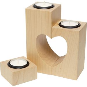 Goodivery ® Hartvormige theelichthouder van hout, set van 3 decoratieve kandelaars, hartdecoratie en romantische kaarsen, cadeau voor vriendin, bruiloft, familie, moederdagcadeau, 15 cm groot,