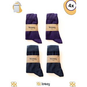 Loxxey® - Sokken -Katoen - 4 Paar - Heren & Dames - Naadloos - Maat 39-42 - Donkerblauw (2 Paar)+ Paars (2Paar) + Wasnet 33x22cm