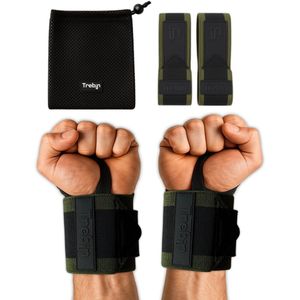 Trebin Wrist Wraps Krachttraining - Geschikt voor Fitness & CrossFit - Dames & Heren - Polsbanden - Polsband - Polsbrace - Incl. Opbergzak - Zwart & Groen - One Size - 2 Stuks