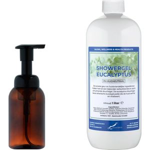 Zeepdispenser 300 ml amber bruin hervulbaar + 1 liter Showergel Eucalyptus navulling