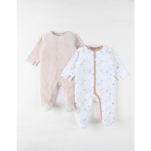 Noukie's - Set van 2 pyjama's - Fluweel - Unie - Creme met beige - Dino's - 0 maand 50