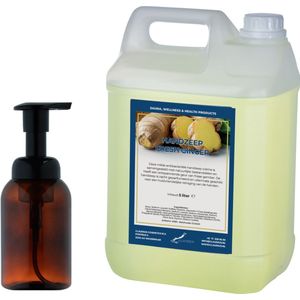 Zeepdispenser 300 ml amber bruin hervulbaar + 5 liter Handzeep Fresh Ginger navulling