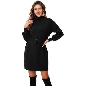 Gebreide Jurk Dames Lange Mouwen Coltrui Jurk Elegante Trui Tuniek Jurk Met Riem Zwart XXL