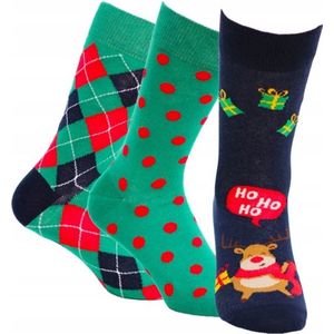 Wola Kerstsokken Dames & Heren – Set van 3 Paar – Groen/Donkerblauw – Maat 42 / 44 cm - Kerstcadeau