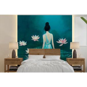 Vrouw - Portret - Water - Bloemen - Lelie - Behangpapier