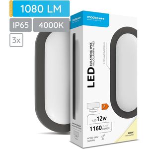 Modee Led Bulkhead Plafondlamp 12W - IP65 - 19.5x94cm - Neutraal Wit - Wandlamp - Ovaal - Zwart - 3 Stuks