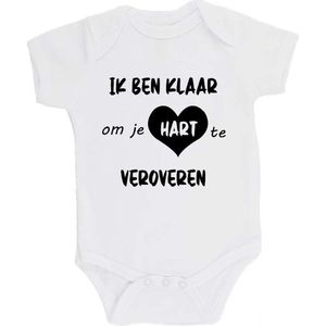 100% katoenen Romper bedrukt met grappige tekst Kado Cadeau Kraamkado Kraamcadeau ""Ik ben klaar om je hart te veroveren"" Unisex Katoen Wit/zwart Maat 68/74