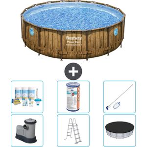 Bestway Rond Power Steel Swim Vista Zwembad - Houtprint - 488 x 122 - Inclusief Pomp - Ladder - Afdekzeil Onderhoudspakket - Filter - Schoonmaakset