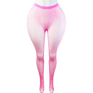 BamBella ® - Panty -Onesize - gaas grote gaten maillot dunne pantys Dames - Onesize - lingerie van kant roze met steentjes