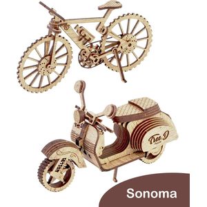 Tree D Puzzle Scooter/Fiets – Sonoma Houten Motorfiets Modelbouwset - Moto Scooter 3D Puzzels voor Volwassenen en Kinderen - 3D Puzzel Modelbouwsets voor Volwassenen – Hersenkraker